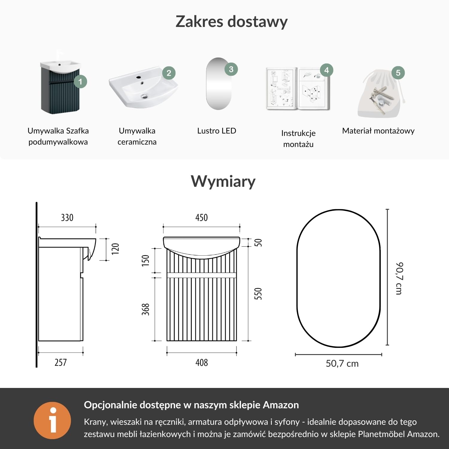 Planetmöbel Umywalka z szafką 45 cm wraz z ceramiczną umywalką i owalnym lustrem łazienkowym z oświetleniem, zestaw mebli łazienkowych do toalety dla gości, antracyt matowy