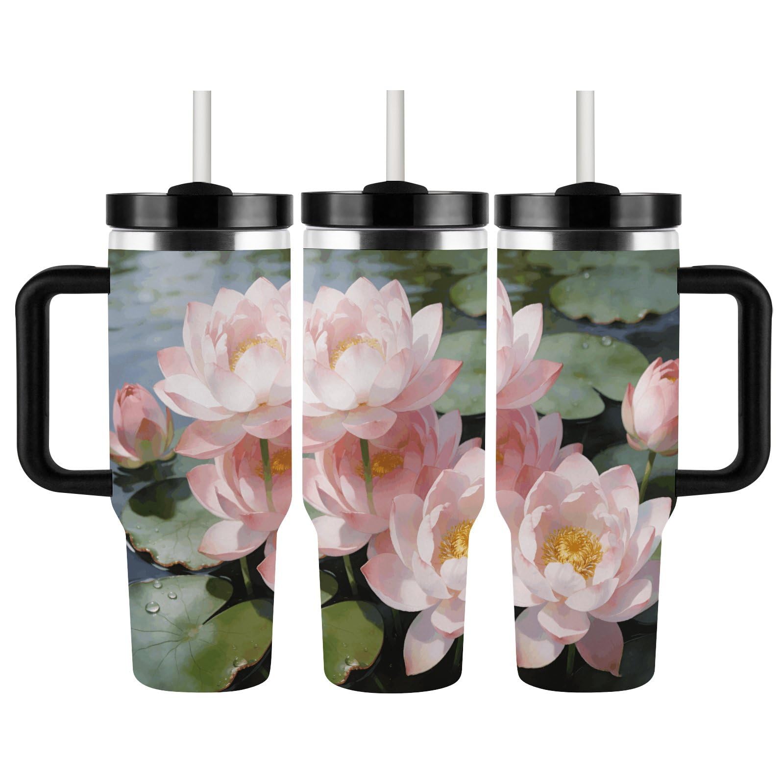 Bright Sunny Day, tazza da caffè da viaggio con fiori di loto, in acciaio inossidabile, tazza da caffè con coperchio e cannuccia, tazza con manico, grande capacità, doppia parete sottovuoto a