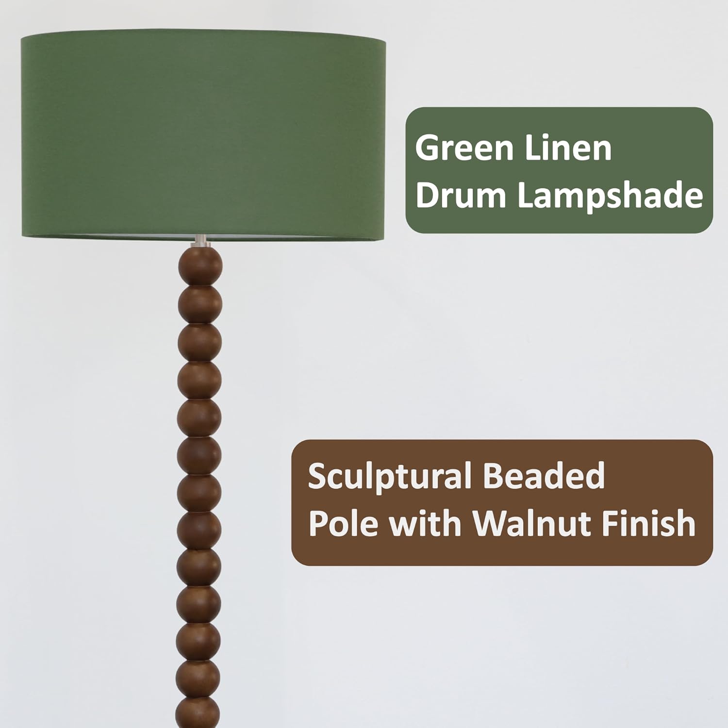Buruis 61" Beaded Wood Floor Lamp with 17.2" Large Linen Shade, UL Listed, Retro Mid-Century Accent Walnut Finish Standing Lamp for Living Room, Bedroom, Office, Corner, Green