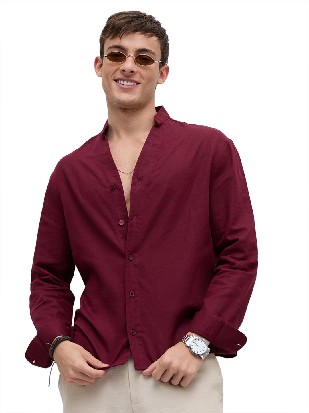 vastrado Deep Maroon Linen Blend Stand Collar Oversized Shirt-picture-48