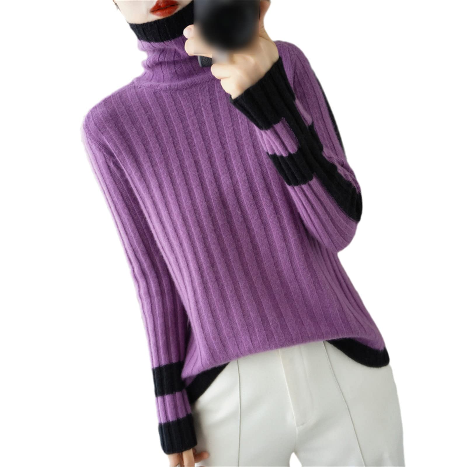 Kelsiop Maglione di cachemire Dolcevita da donna Color-Blocking 100% Lana Pullover Moda Caldo Maglia Bottoming Shirt