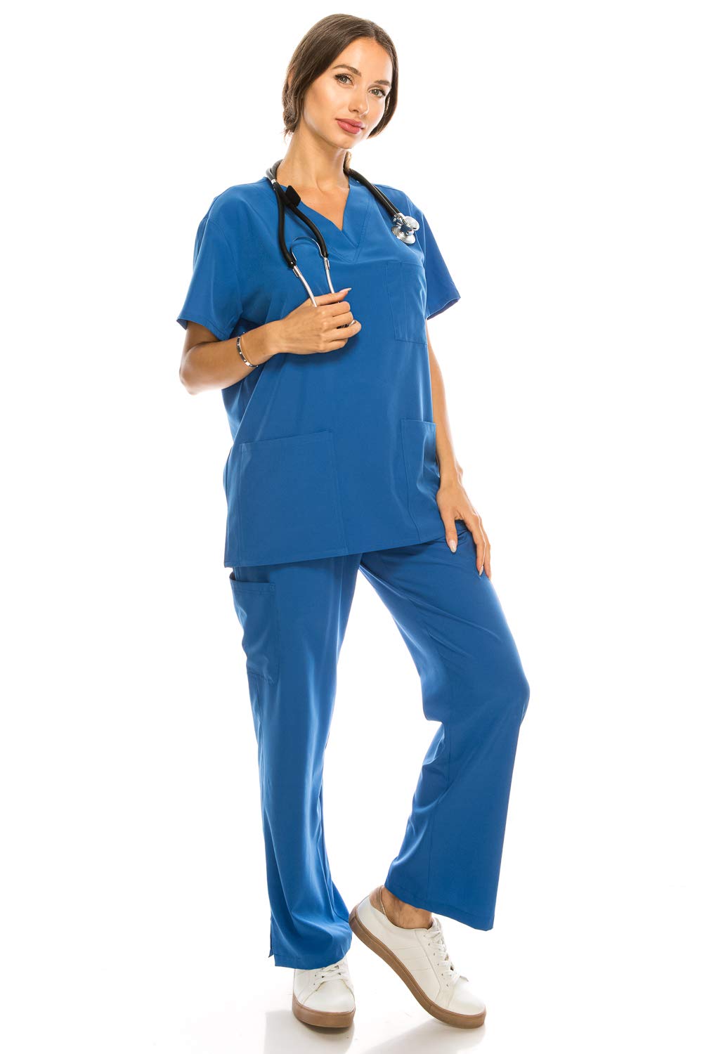 Banhada 8-Pocket V-Neck Top Medical Scrubs Set for Woman - 4 Way Stretch, Comfort, Light Weight Blue, 1X