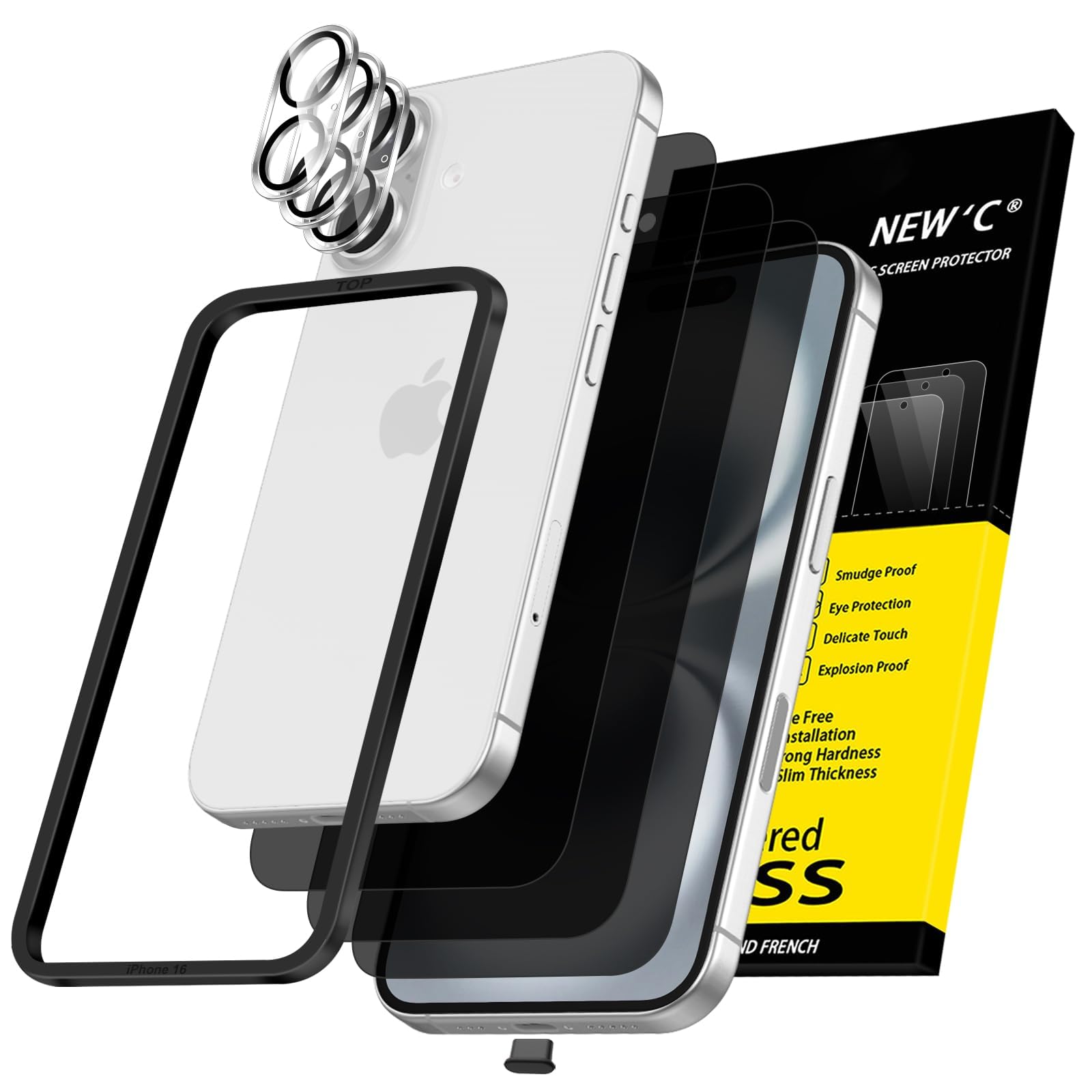 NEW'C for iPhone 16 Privacy Screen Protector + Camera Lens Protector + Tool