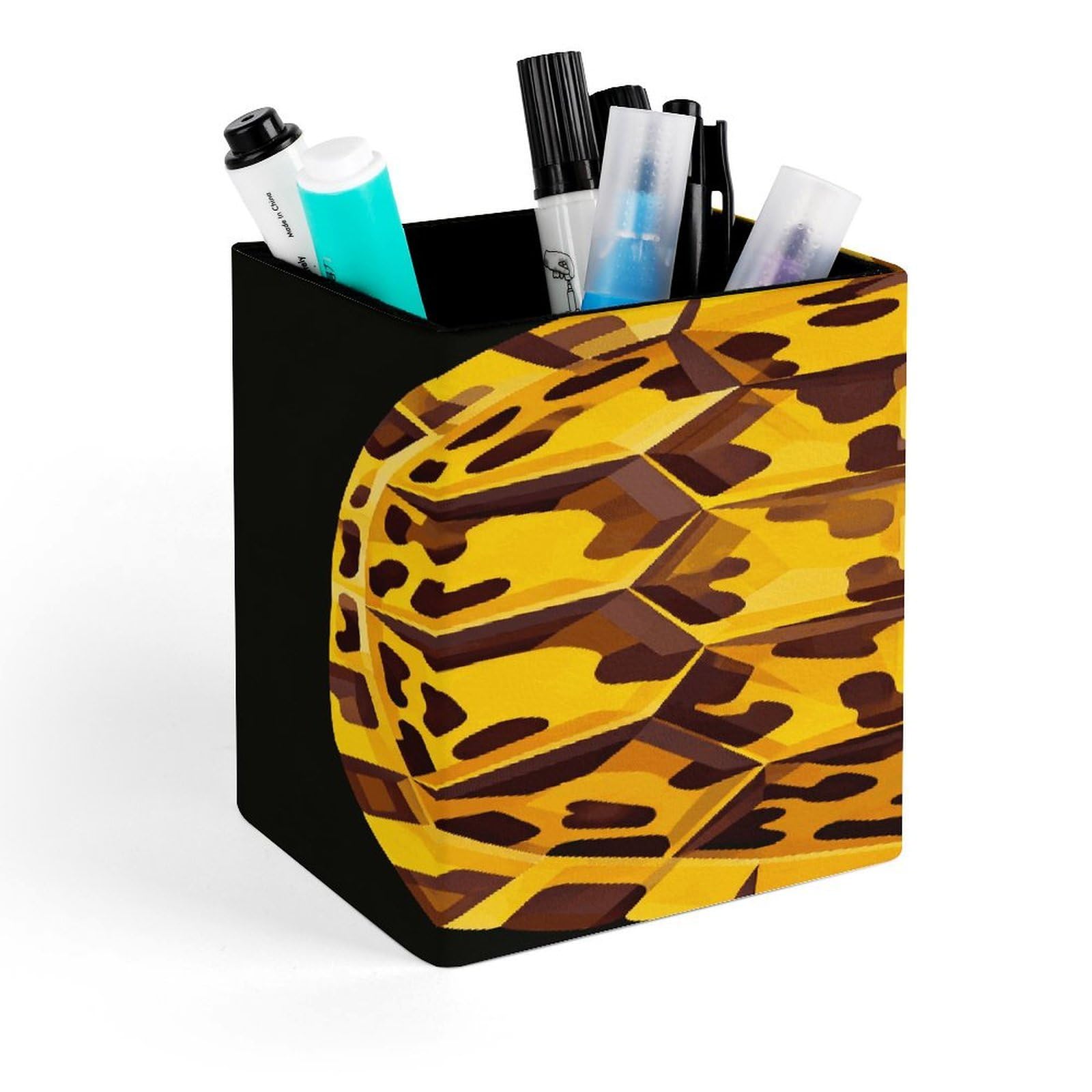 LZQPOEAS Leopard Tortoise Shell Square Pen Pencil Holder PU Leather Pencil Cup Desktop Stationery Organizer Office Accessories Container