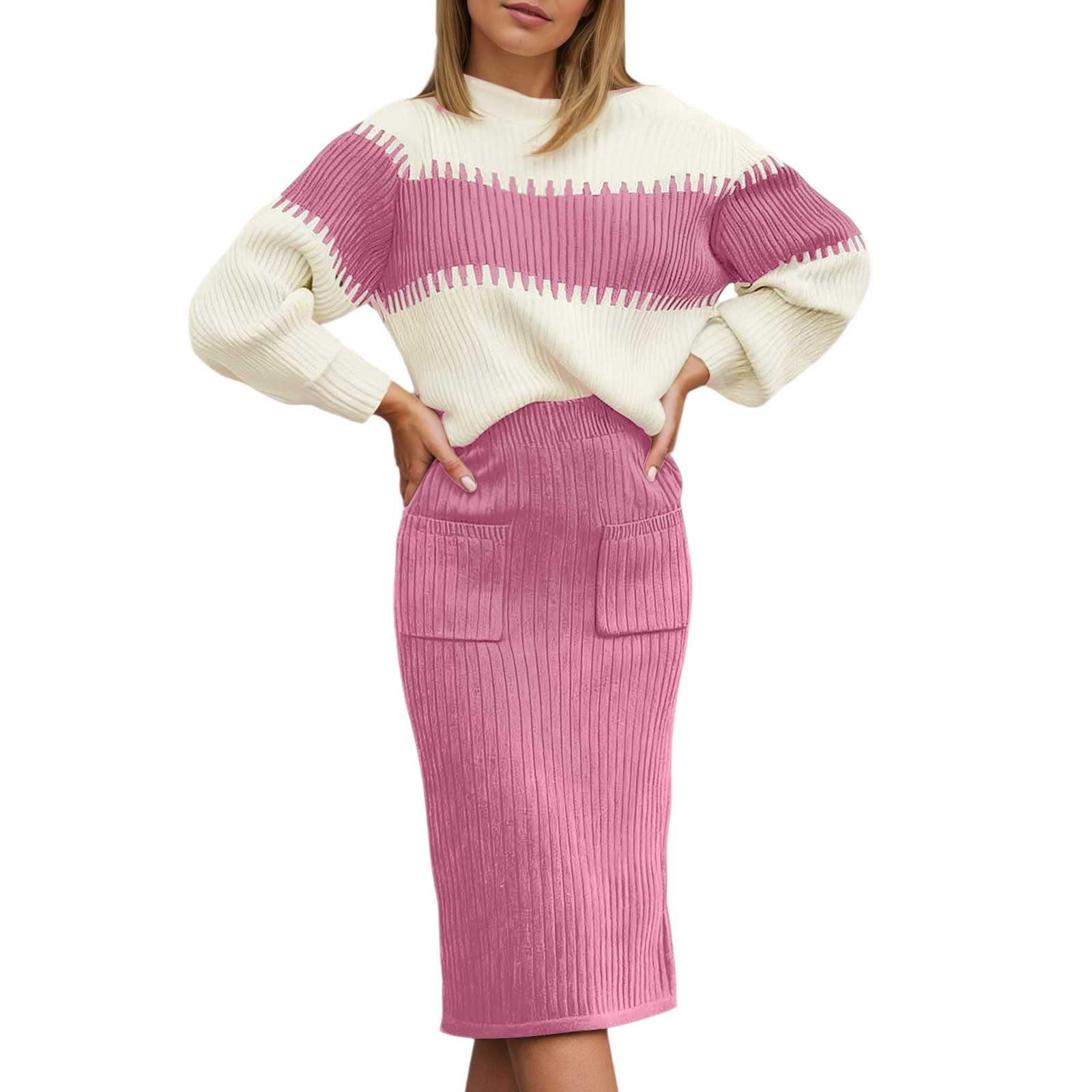 Eleganter Strickpullover Rock für Pulloverkleid-Outfit mit langem Rock. Anspruchsvolle Freizeitkleidung für Damen