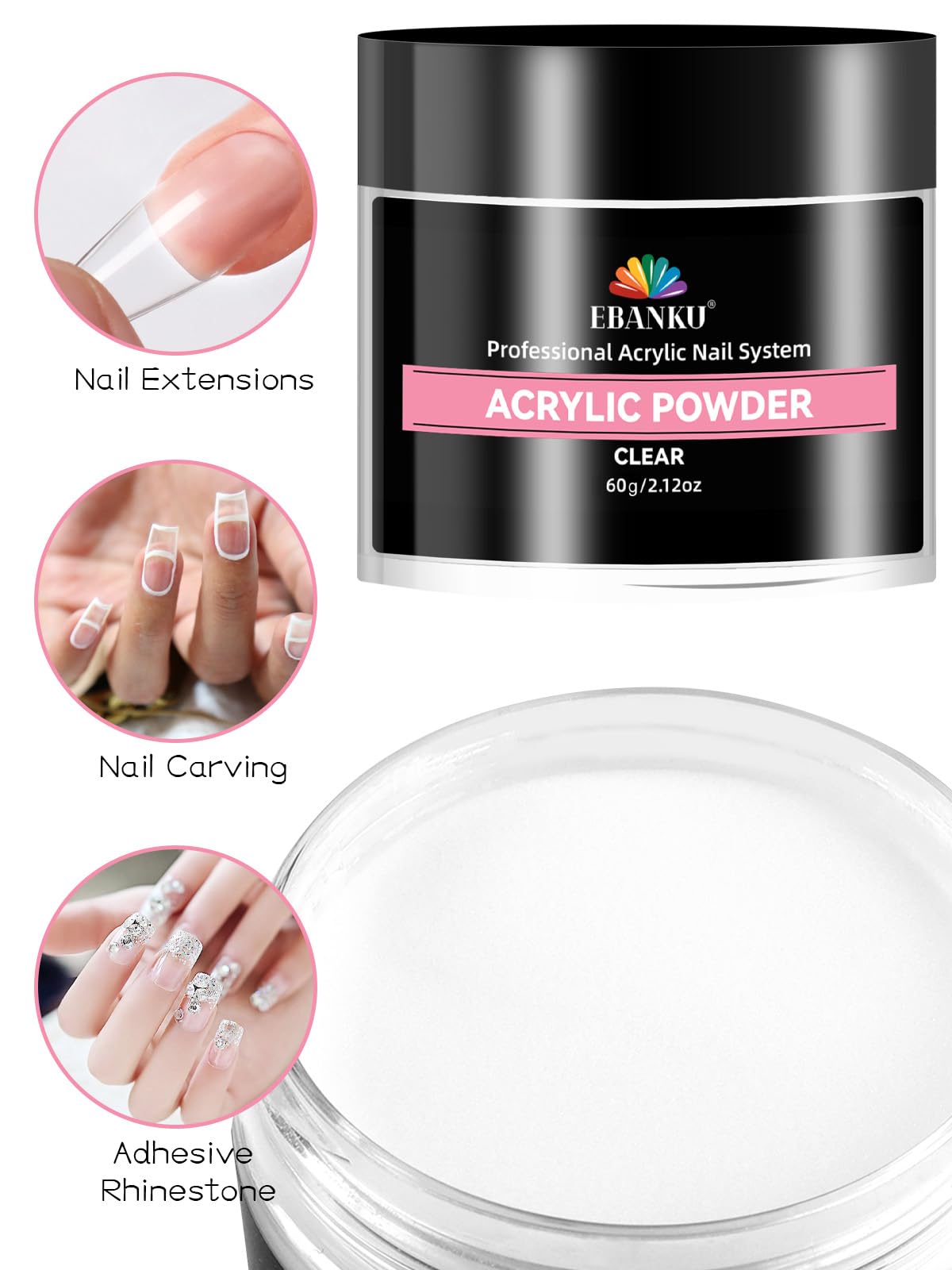 EBANKU Przezroczysty puder akrylowy, 60 ml, proszek akrylowy o dużej pojemności, profesjonalny akrylowy puder do przedłużania paznokci, rzeźbienie paznokci, trwały, nie wymaga lampy do paznokci (60 g)