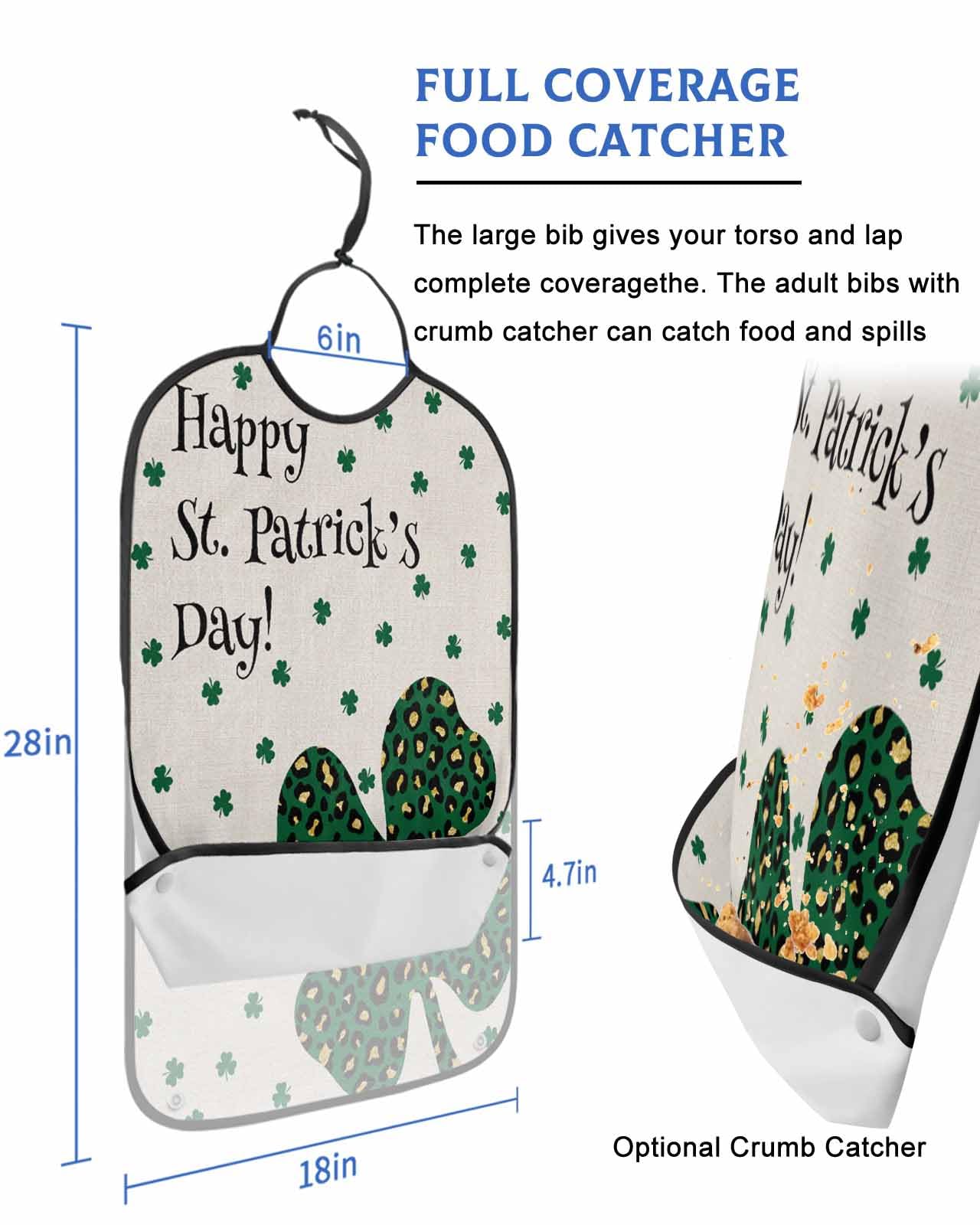 St. Patrick's Day Adult Bib for Adults Men, Women, Washable & Adjustable Terry Cloth Bib with Crumb Catcher Reusable Waterproof Clothing Clothes Protector Apron Farmhouse Country Leopard Print