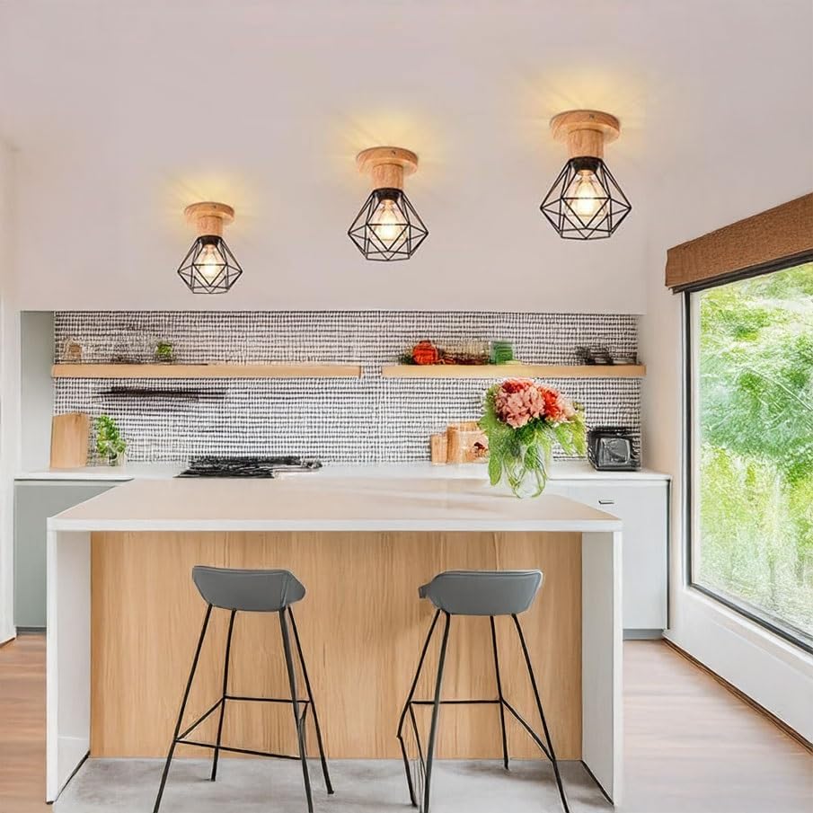 American Style Modern Ceiling Light, E27 Industrial Farmhouse Ceiling Lamp, Wood Base Black Metal Geometric Cage Flush Mount Light Fixture, for Hallway Entryway Bedroom Kitchen