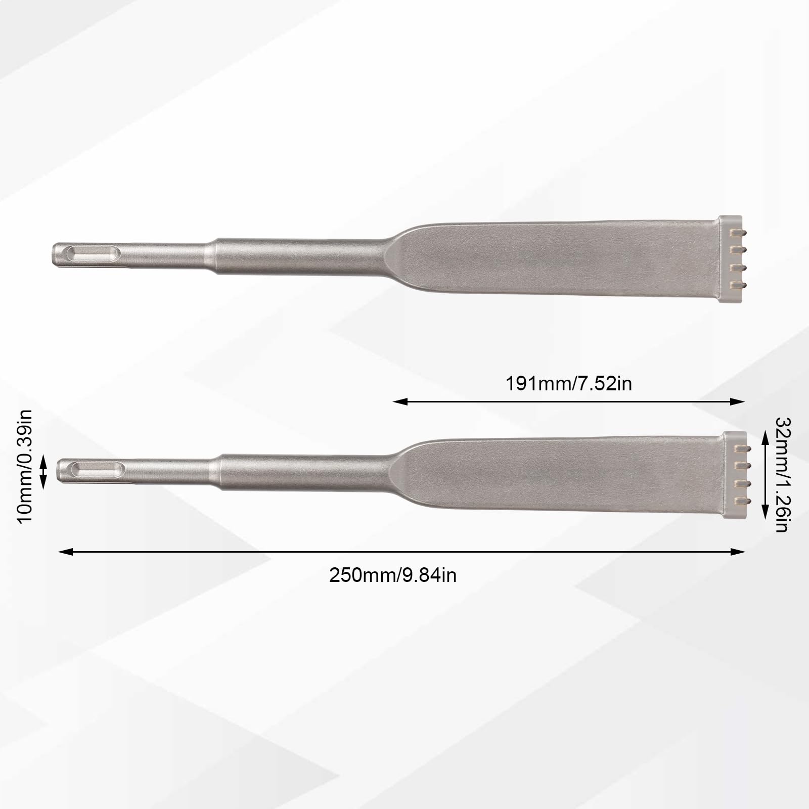 SDS Plus zestaw dłut czterozębnych, 2 sztuki, SDS Plus, okrągły trzonek 25/20 cm, dłuto udarowe ze stali stopowej, dłuto płaskie z czterema zębami, idealne do płytek, betonu, cegły (250 mm)