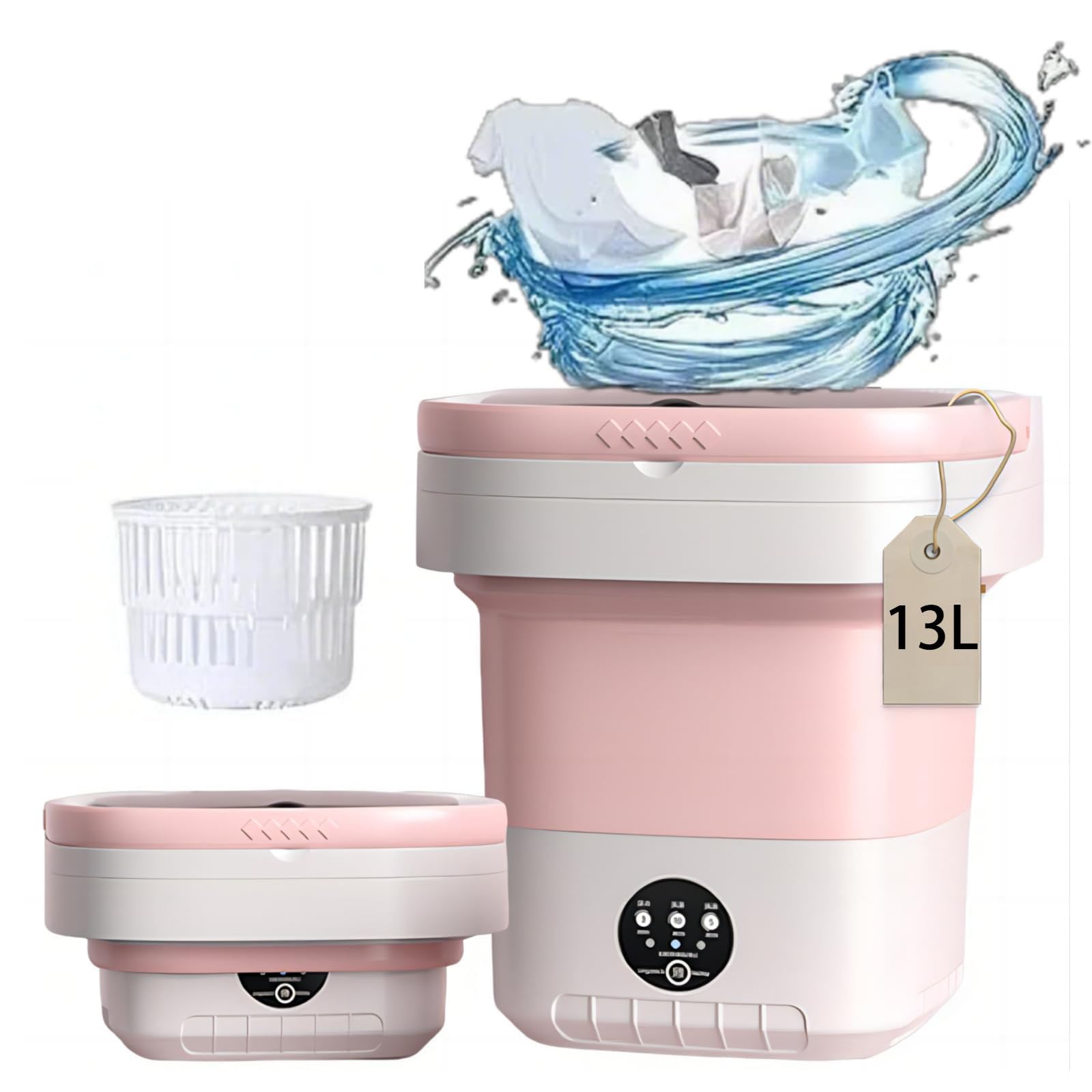 Jemwin 小型洗濯機 新しいアップグレード 折りたたみ ミニ洗濯機 3分脱水 5/10分洗浄 脱水機能付き 脱水かご付き 小型脱水機 下着 靴下 ベビー服 タオル 寮 アパート 旅行 家庭 日本語取扱説明書 (13L サクラピンク ブルーライト＋排水バスケット＋排水パイプA)