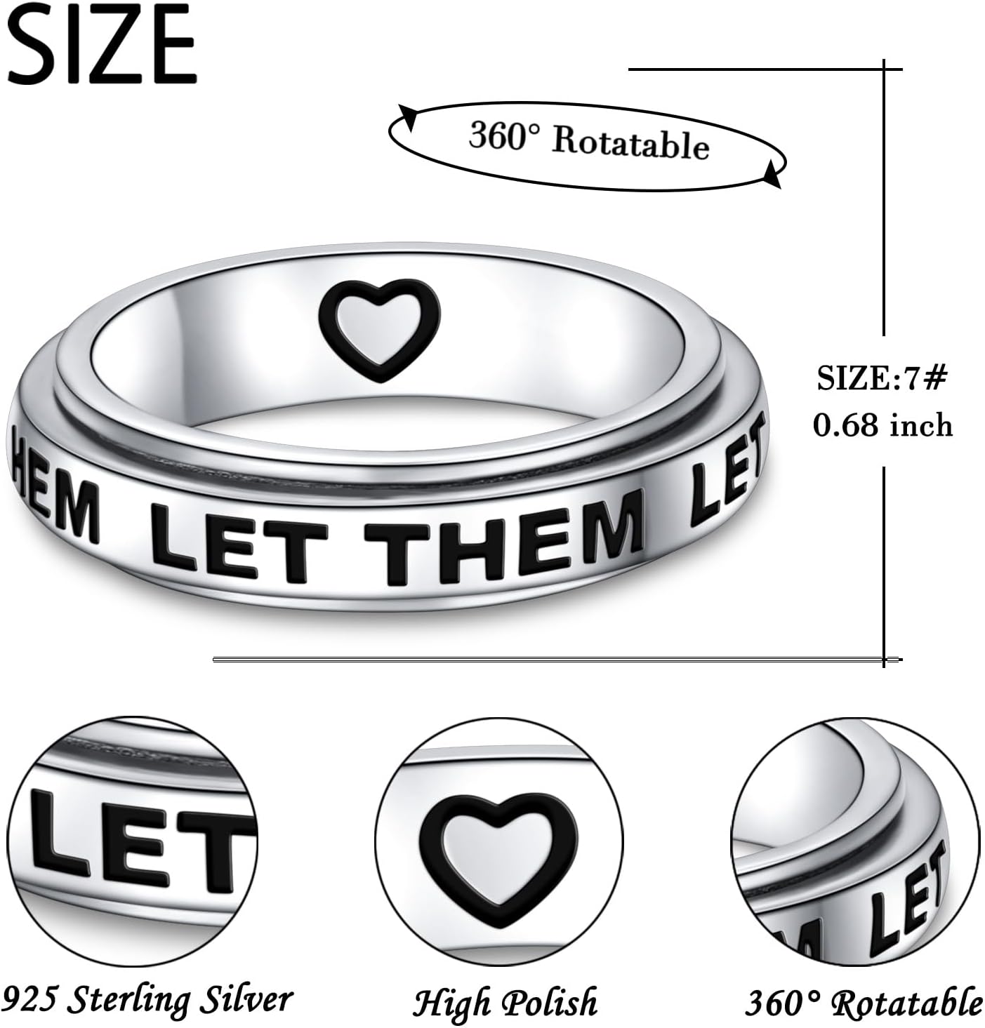 Let Them Spinner Ring 925 Sterling Silver Anxiety Fidget Ring for Women Heart Spinner Engraved Adjustable Self Love Jewelry Gift - Image 4