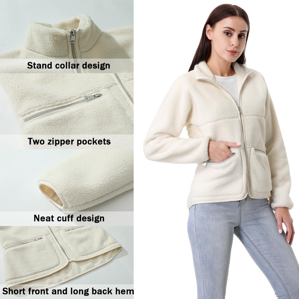 GIMECEN Jaqueta feminina felpuda de lã de ovelha com zíper e manga comprida, casaco polar macio com bolsos com zíper - Imagem 5