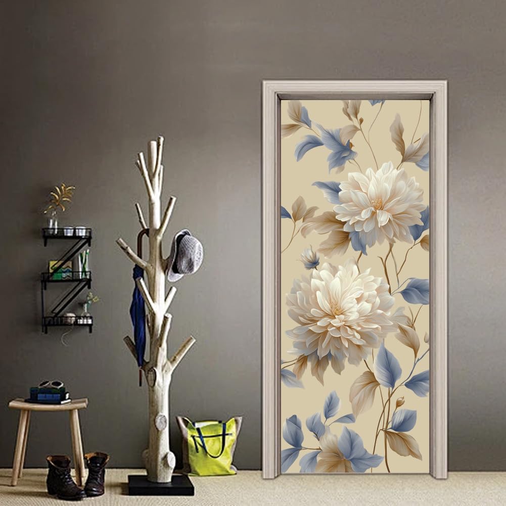 arricraft 2 adesivi per porta 31,5 "X78,7" 3D, moderni, neutri, bianchi, fiori, per porte, in PVC, per camera da letto, soggiorno, decorazione per la casa