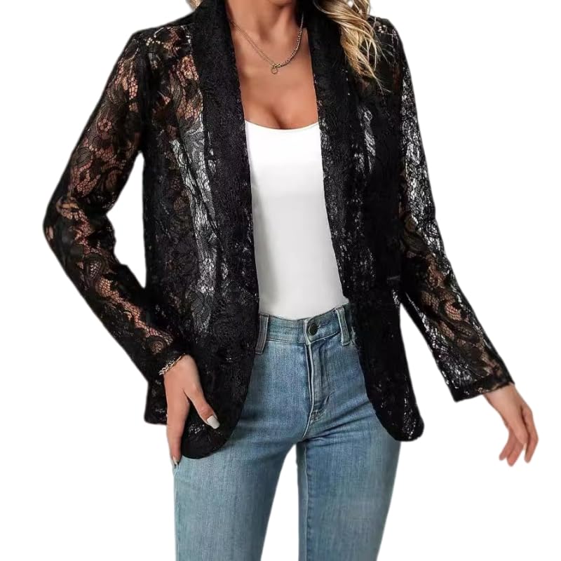 KIJSKKOPO Blazer Bolero Encaje Floral Transparente para Mujer, Manga Larga, Cuello Chal, Frente Abierto, Cárdigan Corto, Ligero, Elegante, para Verano, Fiesta Noche, Trabajo, Oficina, Negro L