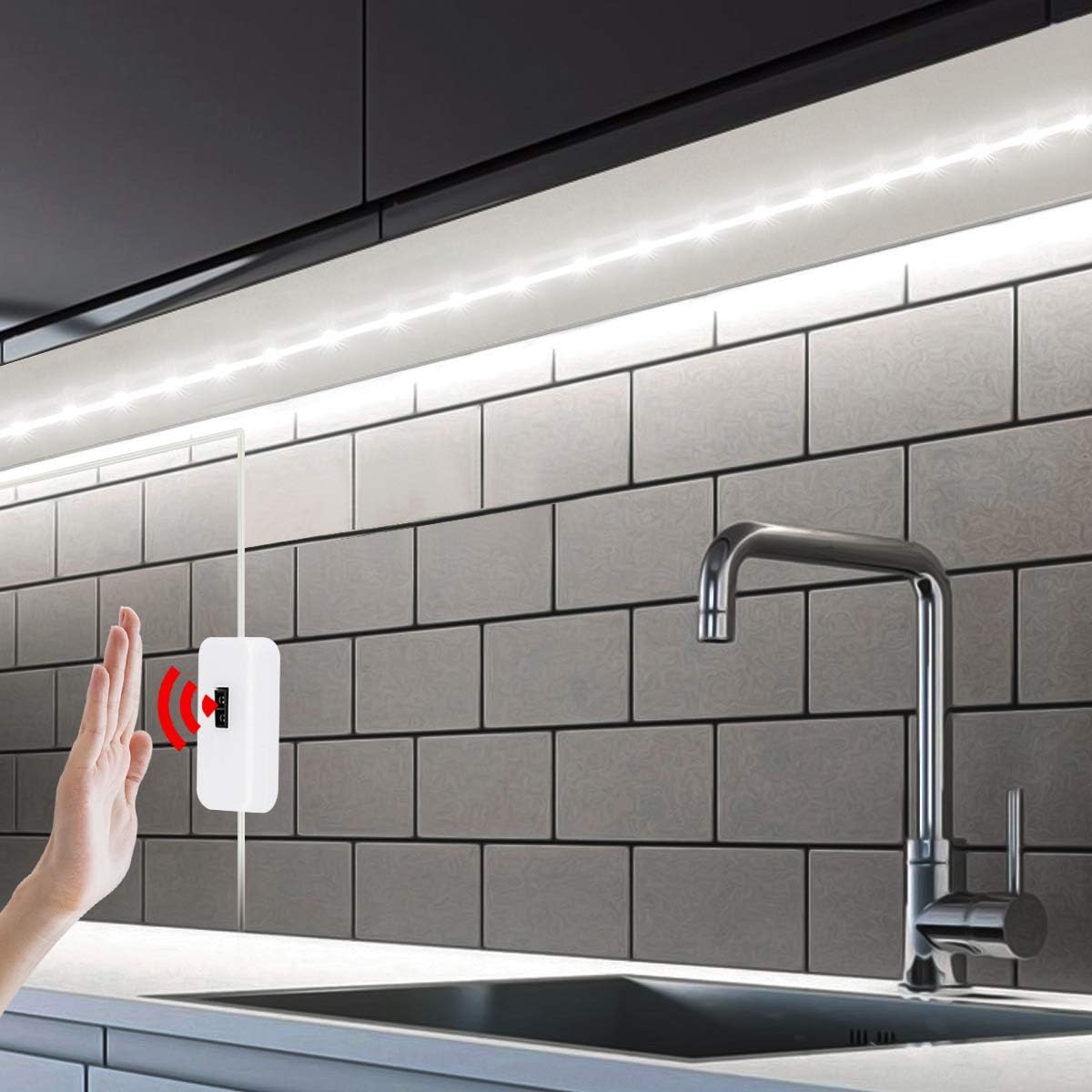 LED USB Under Cabinet Lights with Hand Wave,Under Counter Lighting, Under Desk Light Bar, Hand Wave Activated, Plug and Play,Soft Strip Light for Kitchen,Shelf,Cupboard,Closet (White, 3m)