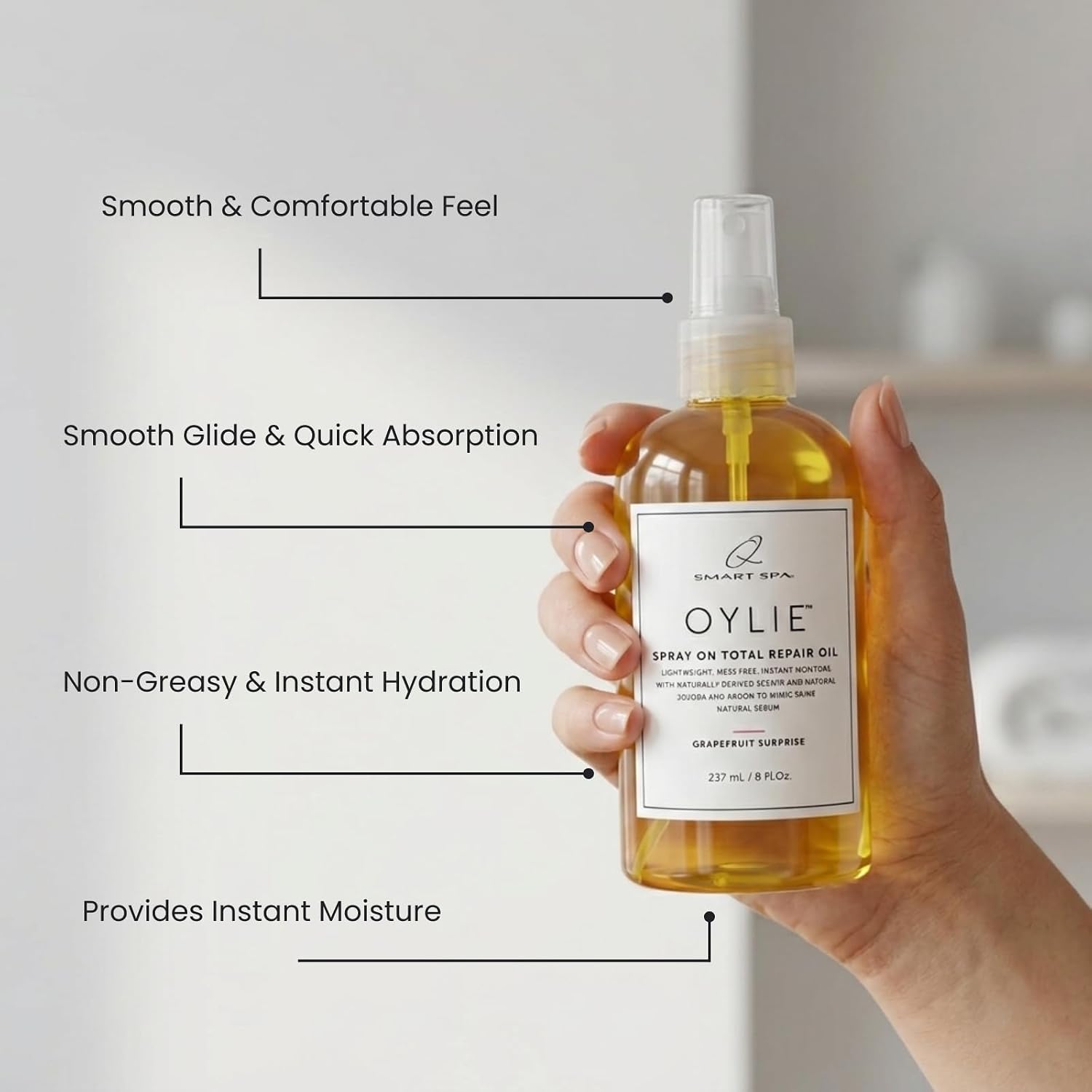 QTICA Oylie Spray On Total Repair Body Oil | Lightweight Spray Oil with Natural Jojoba & Argan Oil Instant Moisture Smooth Finish Deep Hydration Soft Supple Looking Skin 8.5oz (Grapefruit Surprise)