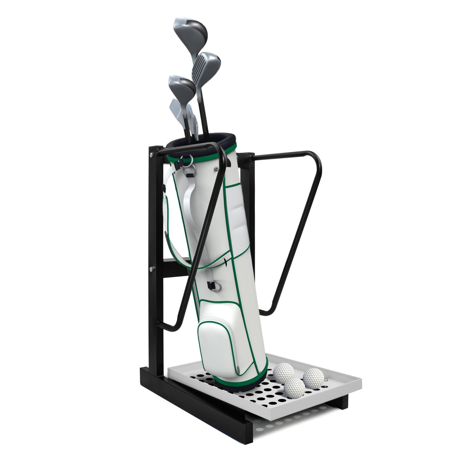 QonicFly Golf Bag Stand with Drip Tray - Floor Standing Club Organizer & Metal Frame, Black - Golf Bag Storage Rack for Garage, Club, Shed, and Easy Mobility - Fits Single Golf Bags and Golf Clubs