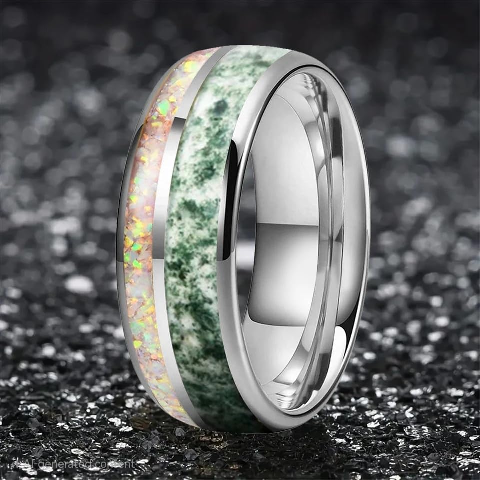 8MM Men Women Tungsten Carbide Ring Band Moss Agate And Crushed White Opal Comfortable fit Band4