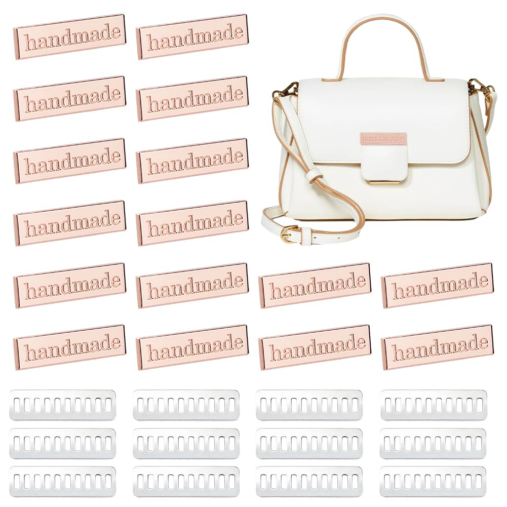 SUPERFINDINGS 16 Pcs Handmade Metal Labels 3.95x1cm Rectangle Handmade Metal Tags with Shim Platinum Zinc Alloy Handmades Label Signs Tags for DIY Craft Making Shoes Purses Bags,Platinum & Rose Gold