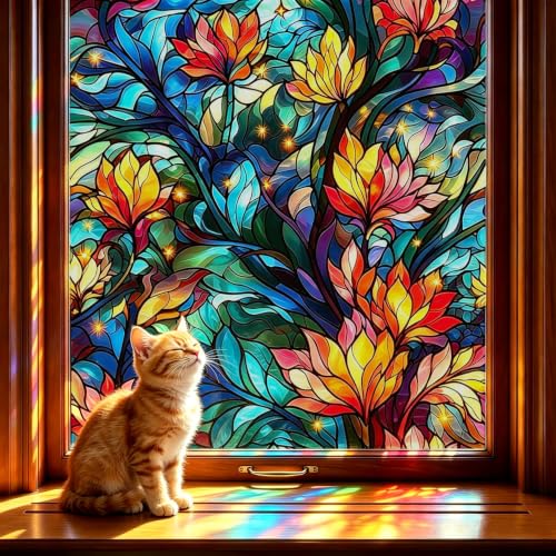 LaCheery Stained Glass Window Film Vintage Window Privacy Film Decorative Floral Films for Privacy 17.5"x78.7" Static Cling Stained Glass Windows Sticker Home UV Blocking Vinyl Colorful Flowers Decals