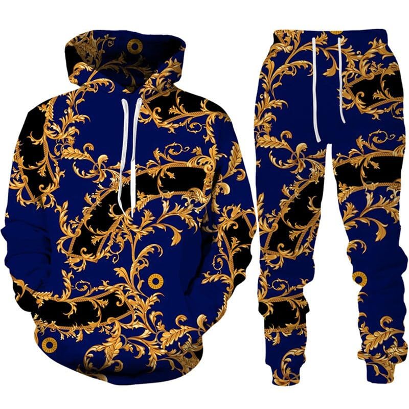 Set di tute da ginnastica da uomo stampate in 3D con motivi dorati di lusso Casual Set 2 pezzi felpa con cappuccio e pantaloni Stile barocco Oversize Moda Abbigliamento sportivo