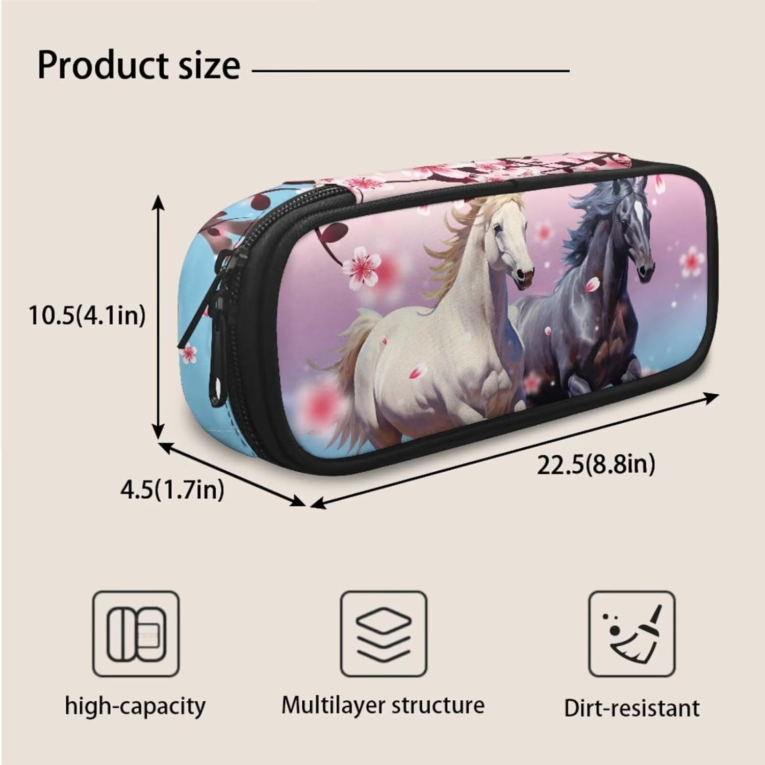 Horse Backpacks for Girls 10-12 with Lunch Box and Pencil Case Cherry Blossom Print Book Bag Kids Elementary Kindergarten Preschool School Bag Cute Daypack Rucksack
