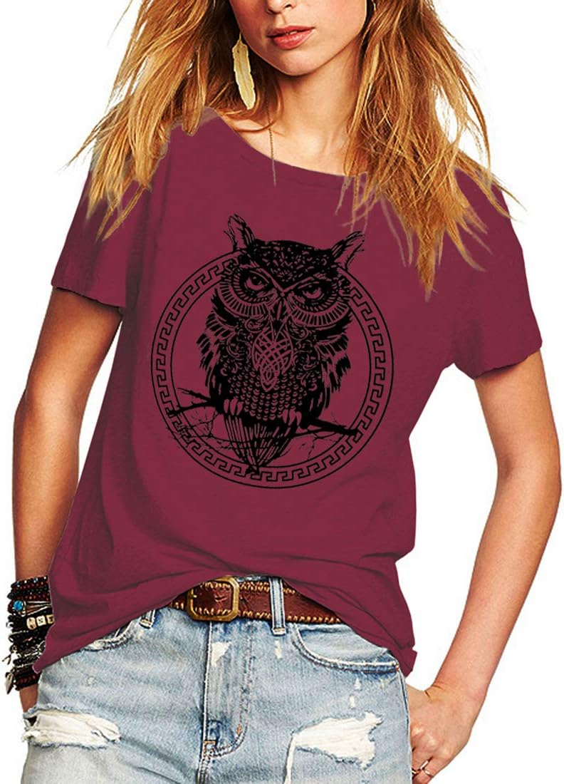 Women's Short Sleeve Summer t Shirts Owl Print Shirts Casual Tops Tees