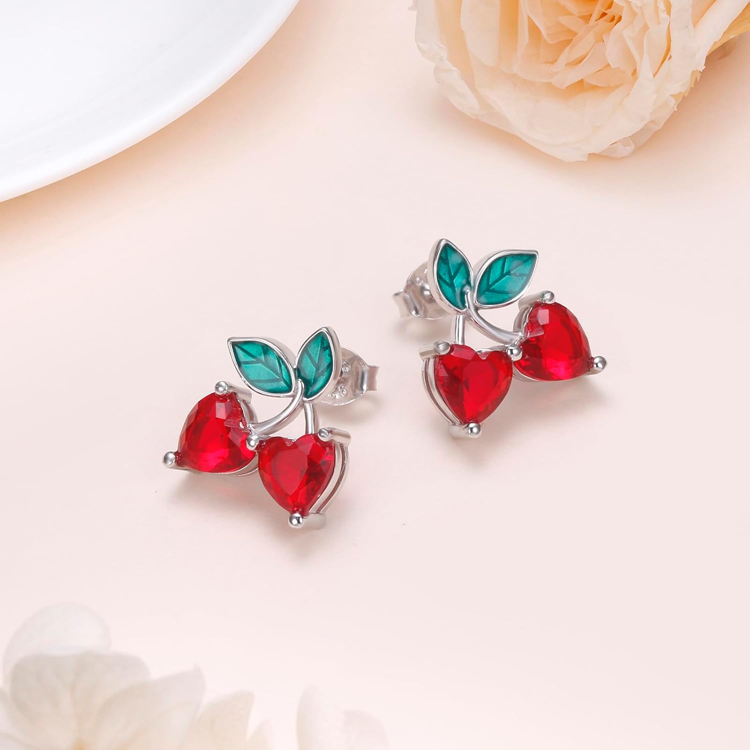 925 Sterling Silver Cherry Stud Earrings Red Fruit Cherry Jewelry for Women Wife - Image 3