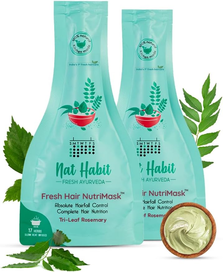 Nat Habit - Back To Natural Secrets Everyday Tri-Leaf Fresh Hair Mask Hairfall Control & Hair Smoothening For Dry, Frizzy Hair Treatment, Neem, Hibiscus, Curry, Castor, Coconut, 40g (Pack Of 2)