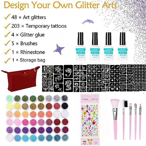 Glitter Tattoos Kit 48 Colors Waterproof Temporary Tattoos With 203 Stencils, 5 Brushes 4 Glue, Body Nail Art, Body Glitter Festival Party (48 Colors) #TOP1