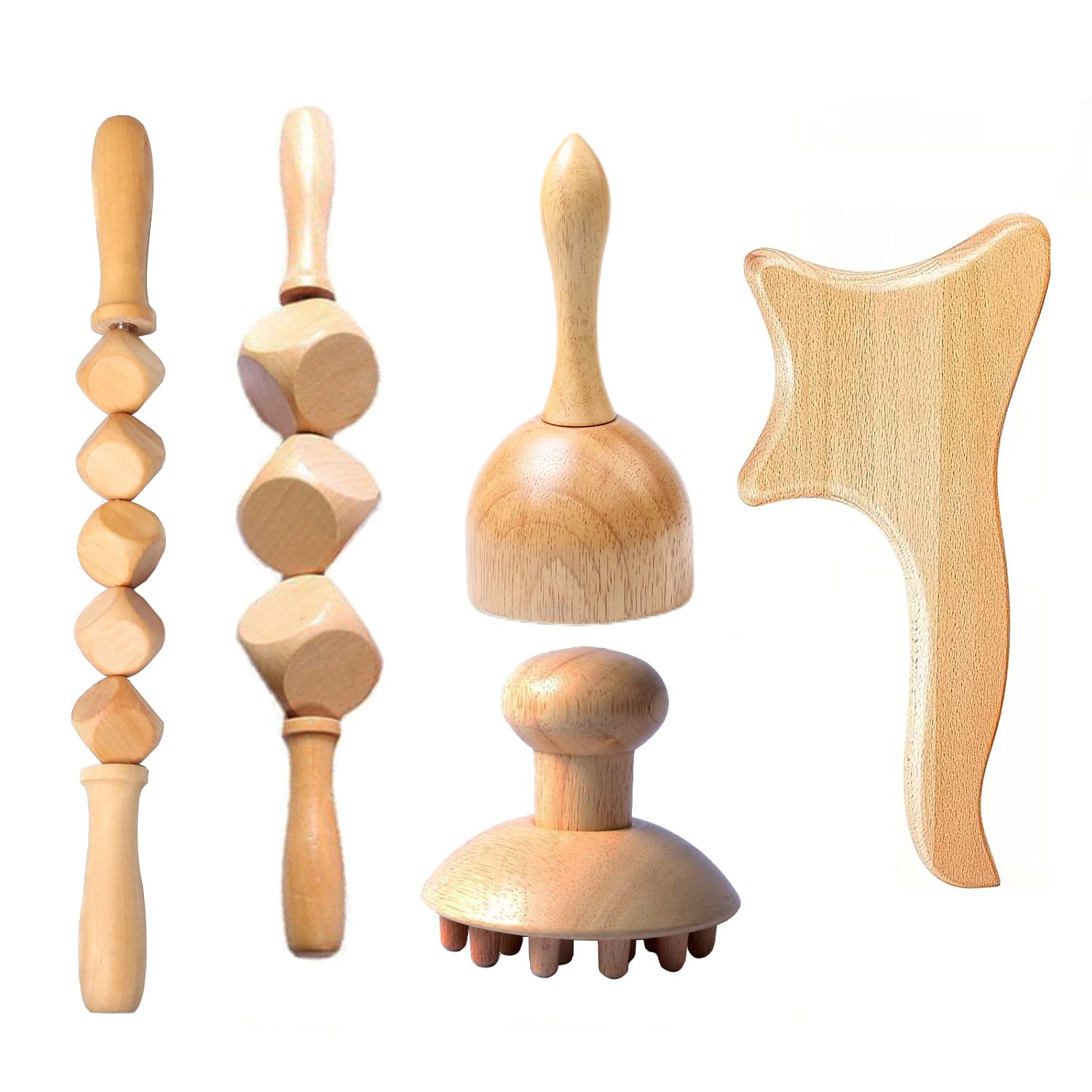 Outils de massage de thérapie du bois, kit de 5 pièces Maderoterapia, masseurs manuels multifonctions en bois pour sculpter le corps soulager la douleur musculaire drainage lymphatique anti-cellulite