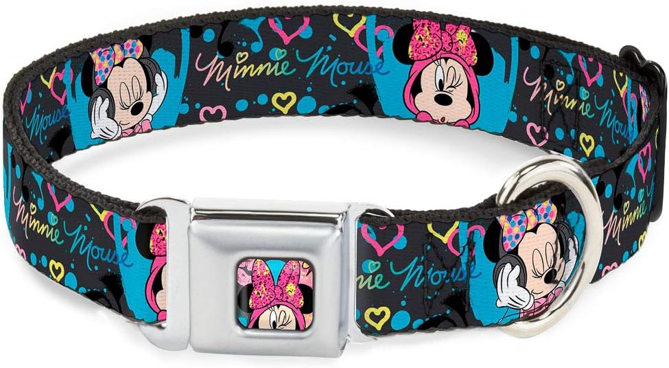 Buckle-Down Seatbelt Buckle Dog Collar - Minnie Mouse Hoody & Headphone Poses Gray/Multi Color - 1" Wide - Fits 15-26" Neck - Large