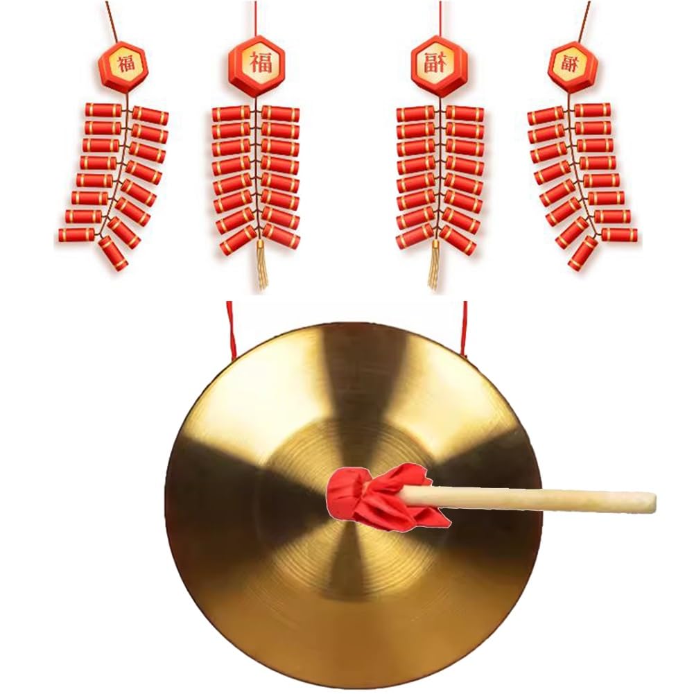 GRRICEPL Gong Instrument Flood Warning Gong, Chinese Traditional Percussion Instrument Gong, Includes Gong Stand & Mallet, Suitable for Wedding Opening Celebration (Color : Gold-A, Size : 50cm)