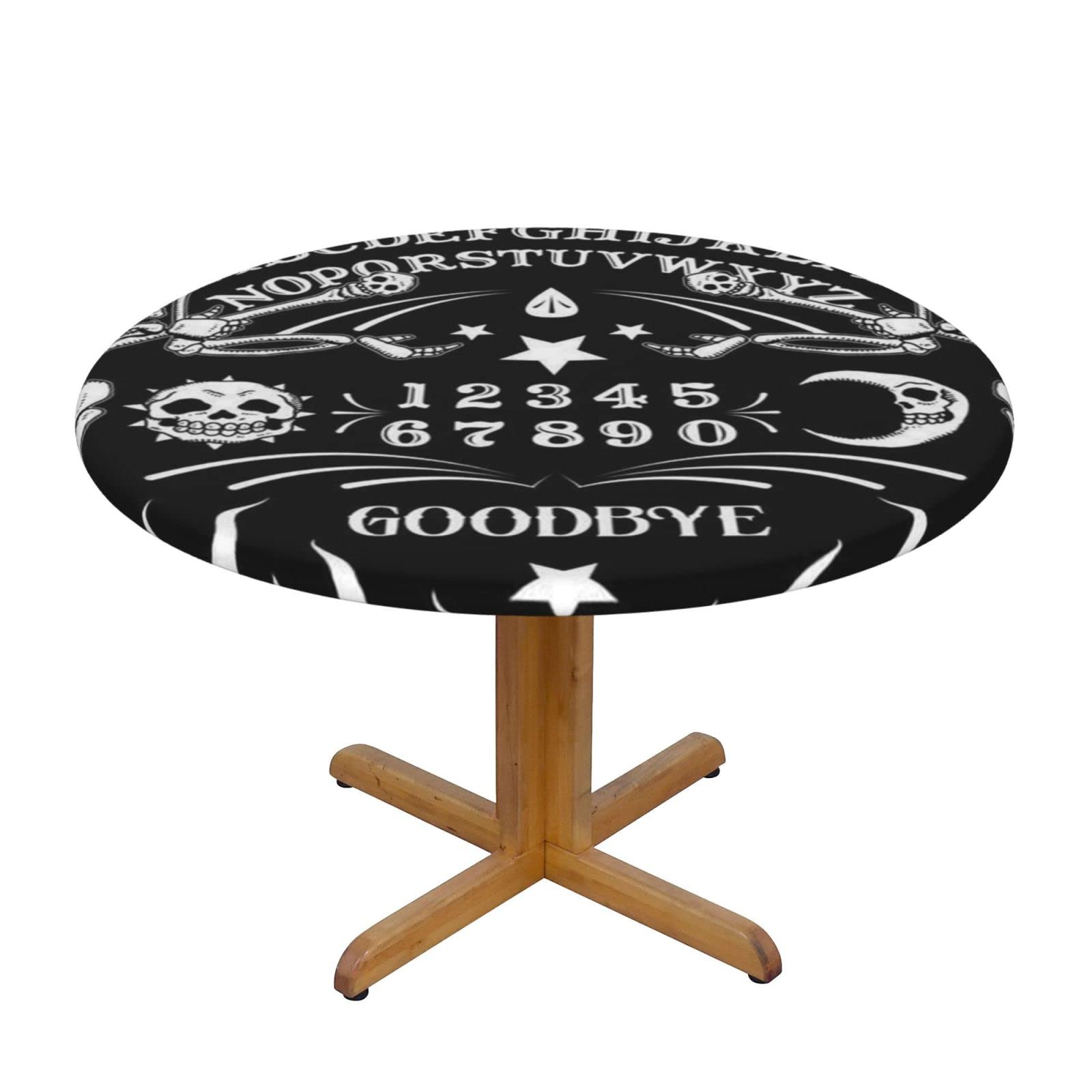 Lsjuee Round Fitted Tablecloth 40-44in Elastic Edged Table Cloth for Kitchen Dining Party Home Decor - Divination Skeleton Death Black