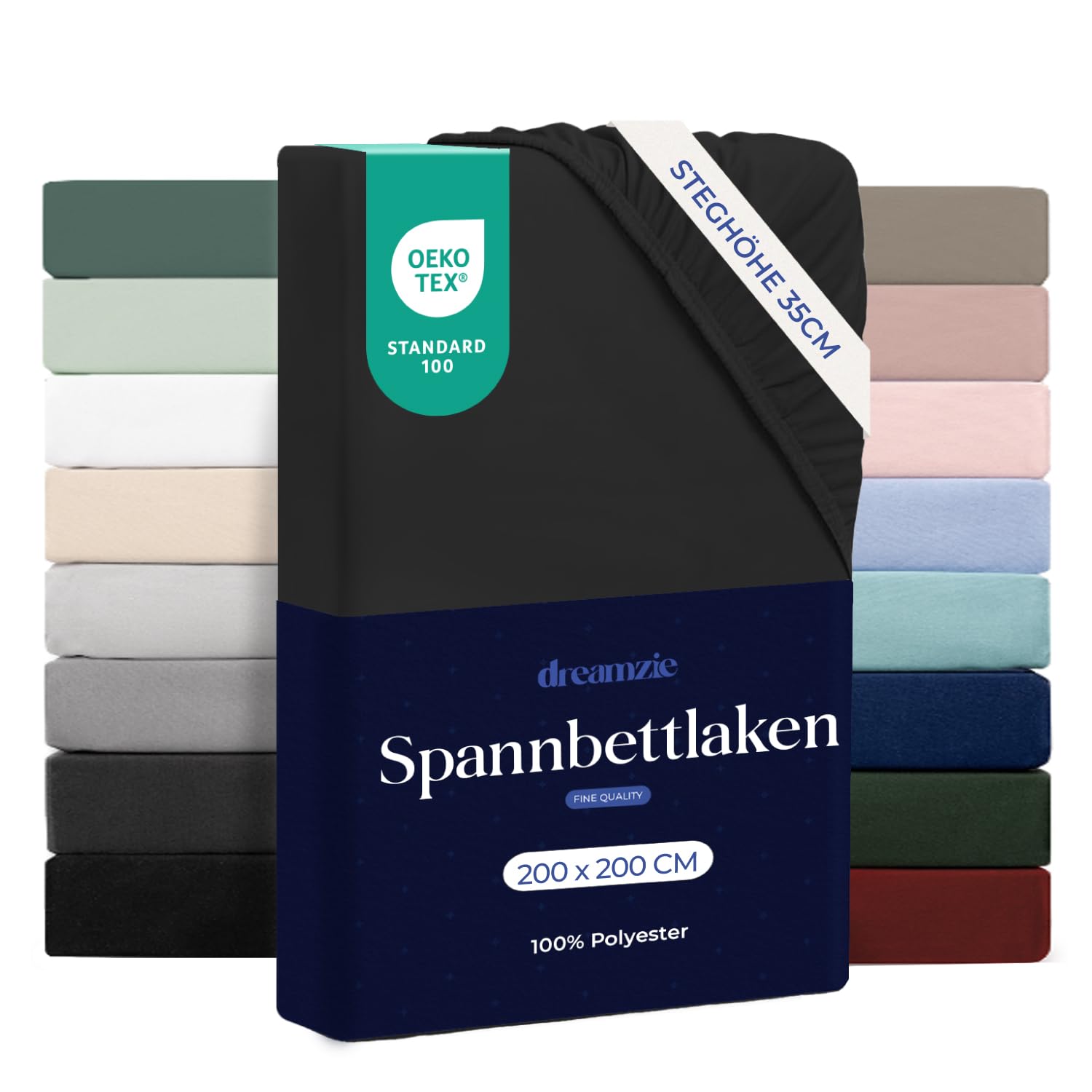 Dreamzie Spannbettlaken 200x200 cm - Hoher Steg bis 33 cm - 100% Mikrofaser - Schwarz - Schadstoffgeprüft (Oeko TEX), Bettlaken mit Gummizug