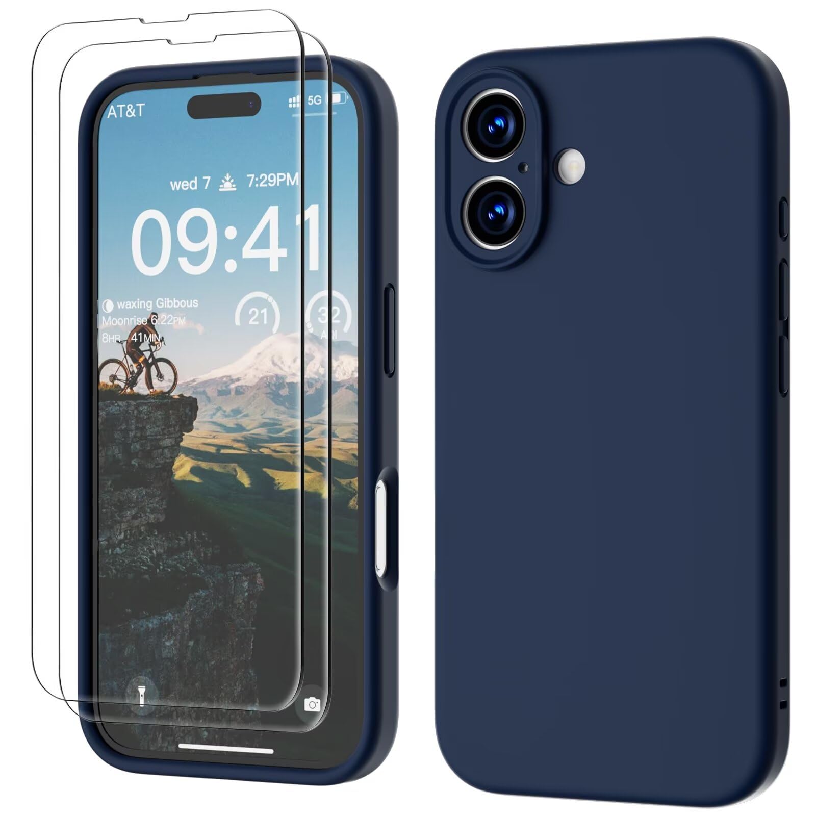 GOODVISH 3 in 1 Silicone Cover per iPhone 16 6.1", Custodia con 2 Pellicola Vetro Temperato [Protezione Fotocamera] 360° Protezione Anticaduta Case per Cellulare Antiurto Resistente, Navy Blu