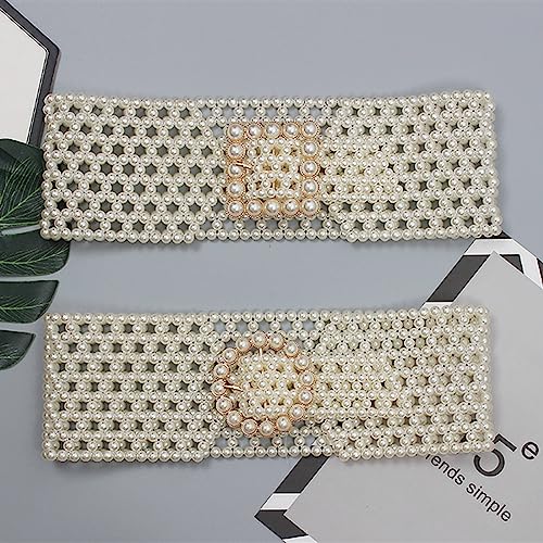 Fashion Elastic Pearls Wide Belt for Women Rhinestone Buckle Bridesmaid Dress Girl Waist Chain for Dress Wedding Belt (Color : B Square Buckle-7.5cm, Size : Talla �nica)4