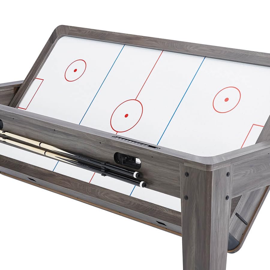 PINPOINT Tavolo da gioco 4 in 1 – biliardo, air hockey, ping pong e giochi da tavolo – Tavolo da interno da 2,1 m con accessori inclusi – Finitura in legno grigio Driftwood per sale giochi e famiglia
