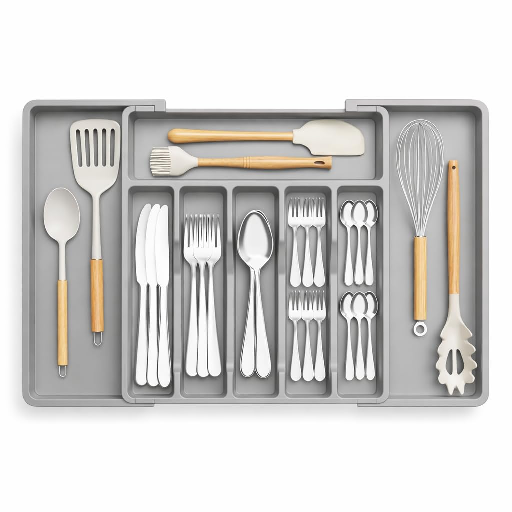 KitchAntique Expandable Cutlery Organizer for Kitchen Drawer | Adjustable Utensil, Spoon, Fork, Spatula, Knife Storage Plastic Divider Tray 8 Compartments | BPA Free - Grey