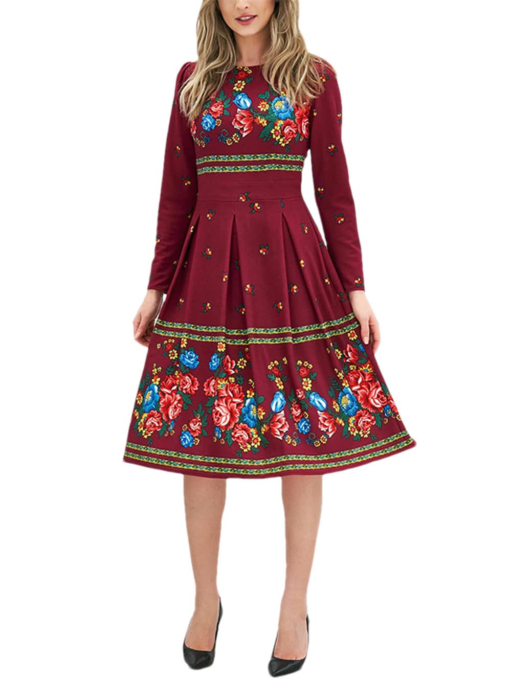 Youllyuu Vestido midi vintage con estampado floral para mujer, cuello redondo, manga larga, drapeado, entallado