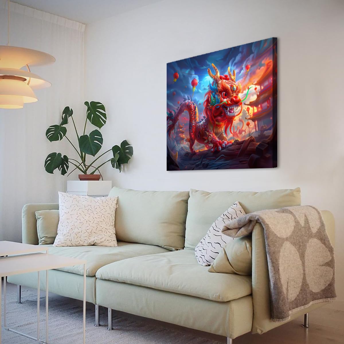 CHERHERART Drago cinese tela opera d'arte decorazione della parete Fantasy Oriental Festival Canvas Poster Pittura per soggiorno sala da pranzo decorazione domestica 55x55cm Innerframe