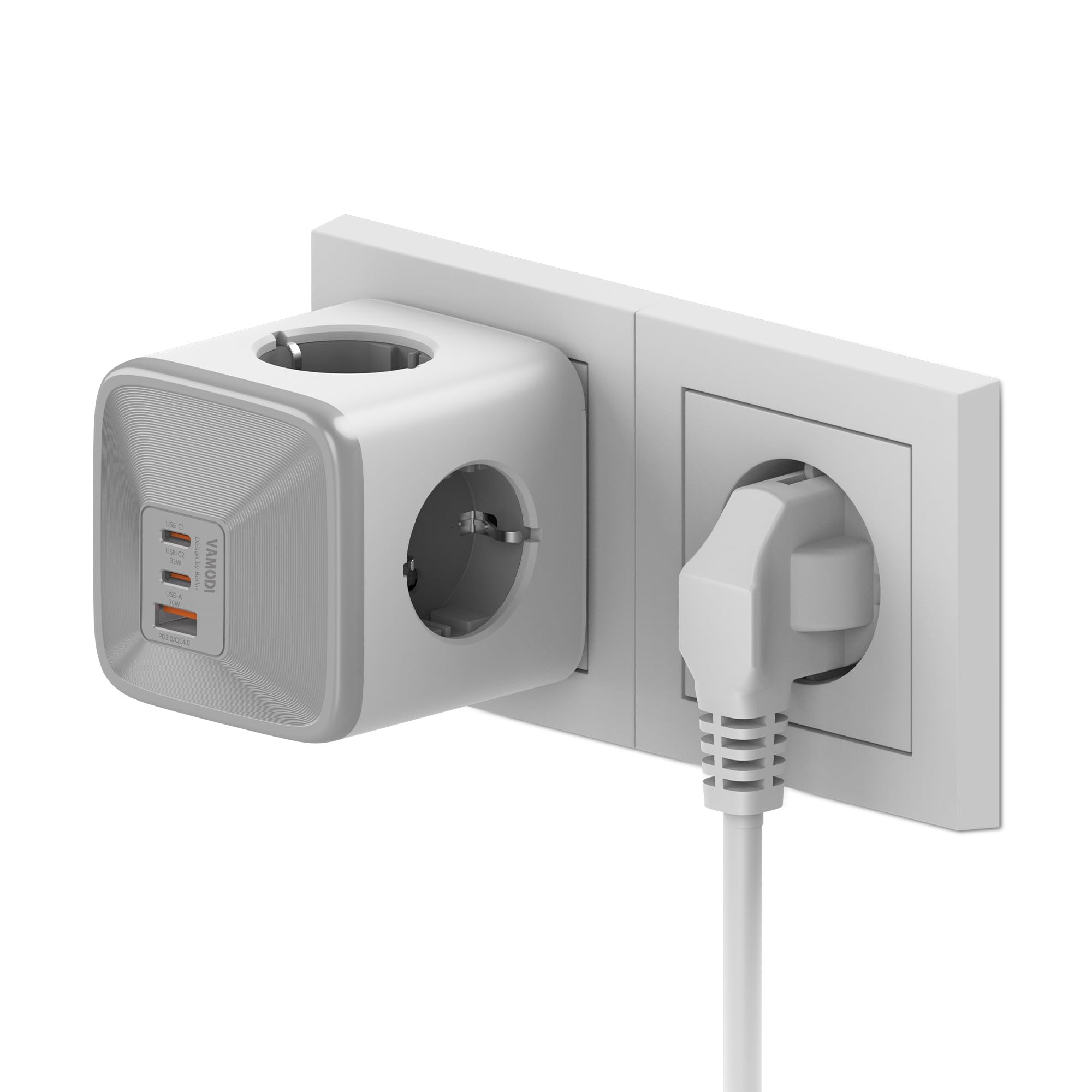 Listwa zasilająca z gniazdem USB, adapterem gniazdka 4-drożnego z USB-C, szybką ładowarką PD33W 2 USB-C 1 typu A, 7 w 1 z blokadą bezpieczeństwa dla dzieci do biura, domu, podróży, Czysta biel