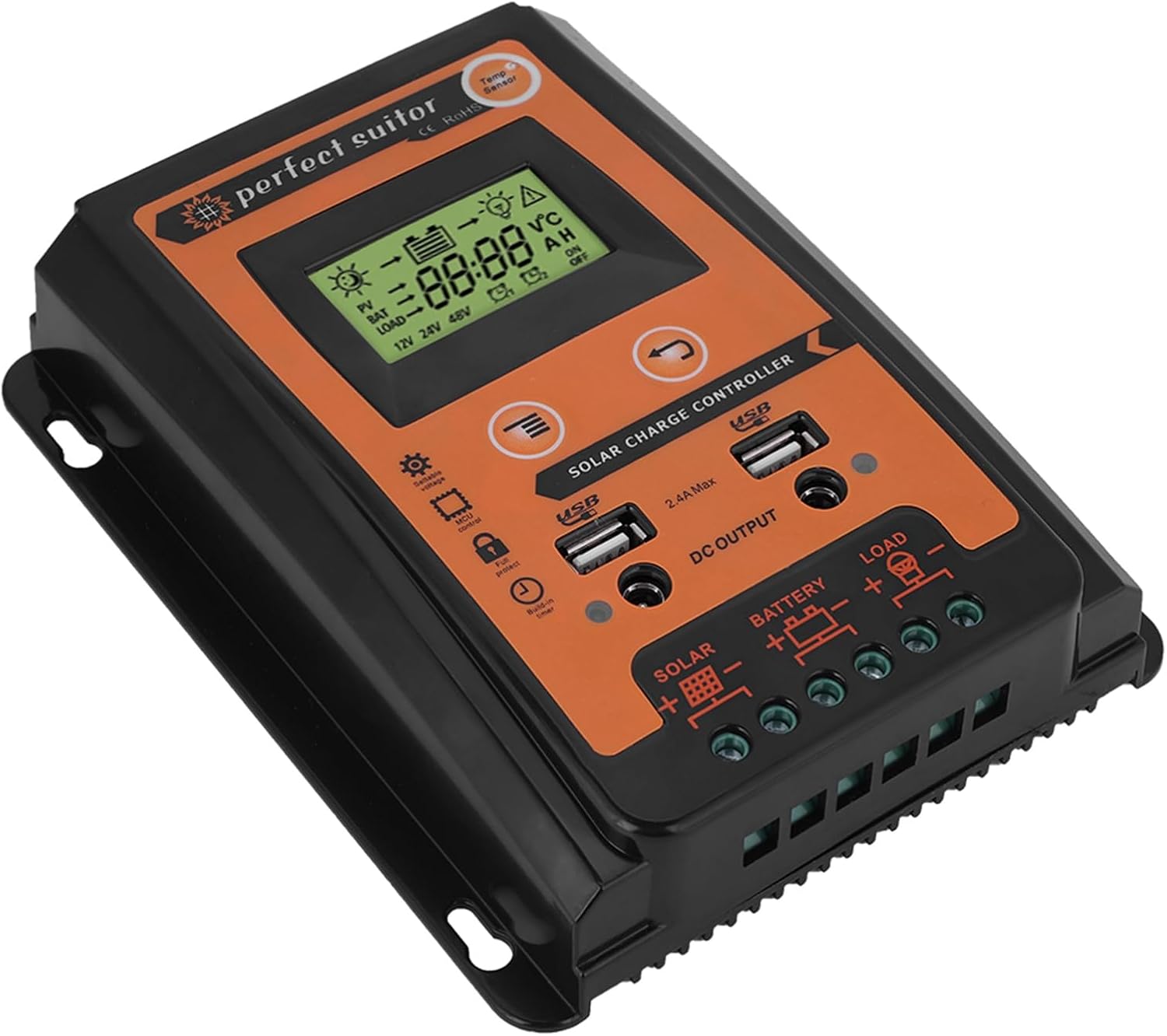 Close-up view of the EVGATSAUTO Solar Controller's LCD display and control buttons