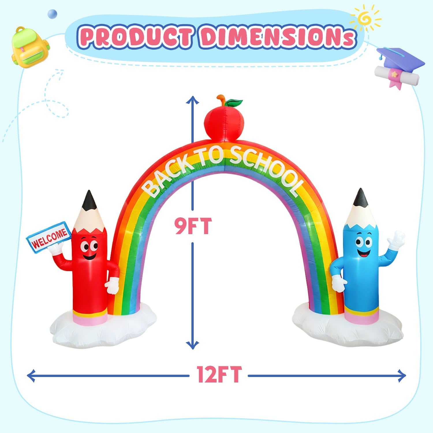 DomKom 12FT Long Back to School Inflatable Arch Featuring Open Book, Colorful Pencils Apple Decor, Ideal for 2026 First Day of School Kindergarten Graduation, Blow-up Crayon Archway for Yard Decor
