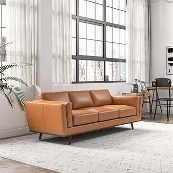 ASHCROFT Austin Mid Century Modern Furniture Style Living Room Leather Sofa in Tan