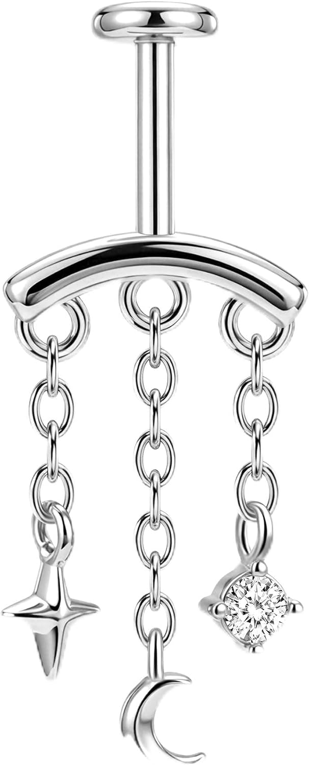 OUFER Hidden Helix Earring 16G 6mm Threadless Push Pin Upper Cartilage Piercing Jewelry, 316L Stainless Steel Star Moon Vertical Chain Dangle, 1.2mm x 6mm Flat Back Labret