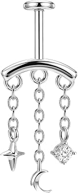 OUFER Hidden Helix Earring 16G 6mm Threadless Push Pin Upper Cartilage Piercing Jewelry, 316L Stainless Steel Star Moon Vertical Chain Dangle, 1.2mm x 6mm Flat Back Labret