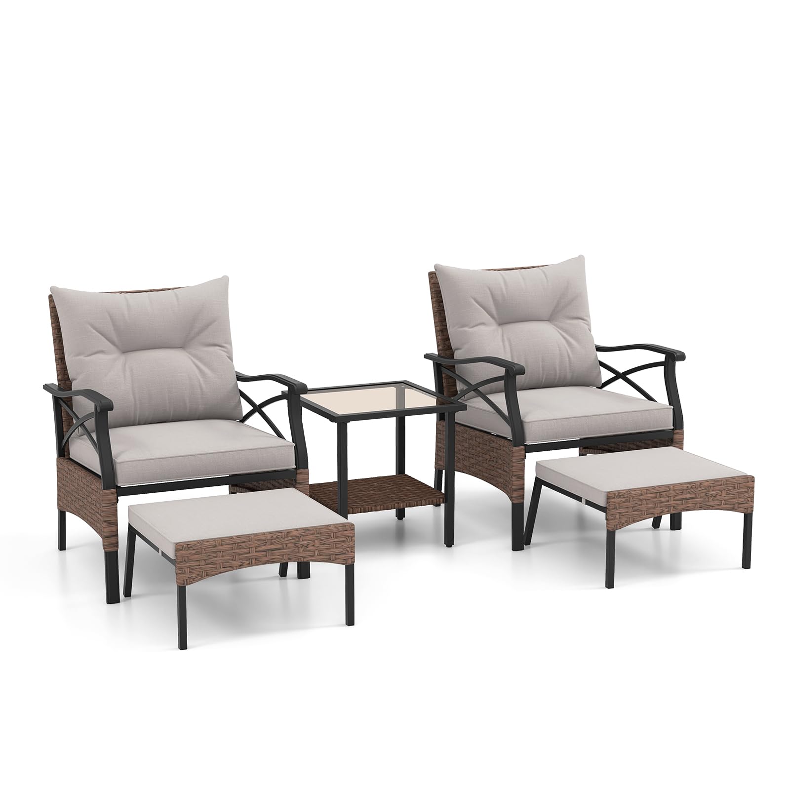 LIFEZEAL Salotto da Giardino in Rattan PE 5 Pezzi, 2 Poltrone con Cuscini, 2 Poggiapiedi, Tavolino in Vetro, Marrone