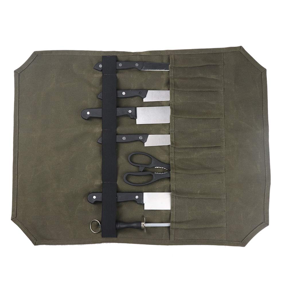 Chef’s Knife Roll Bag, Chef Cutlery Carrying Case, Waxed Canvas Chef Cooking Tools Holder, Padded 7 Pockets Travel Tool Roll Bag For Culinary Student, Professional Chef, Enthusiasts(HGJ1129)