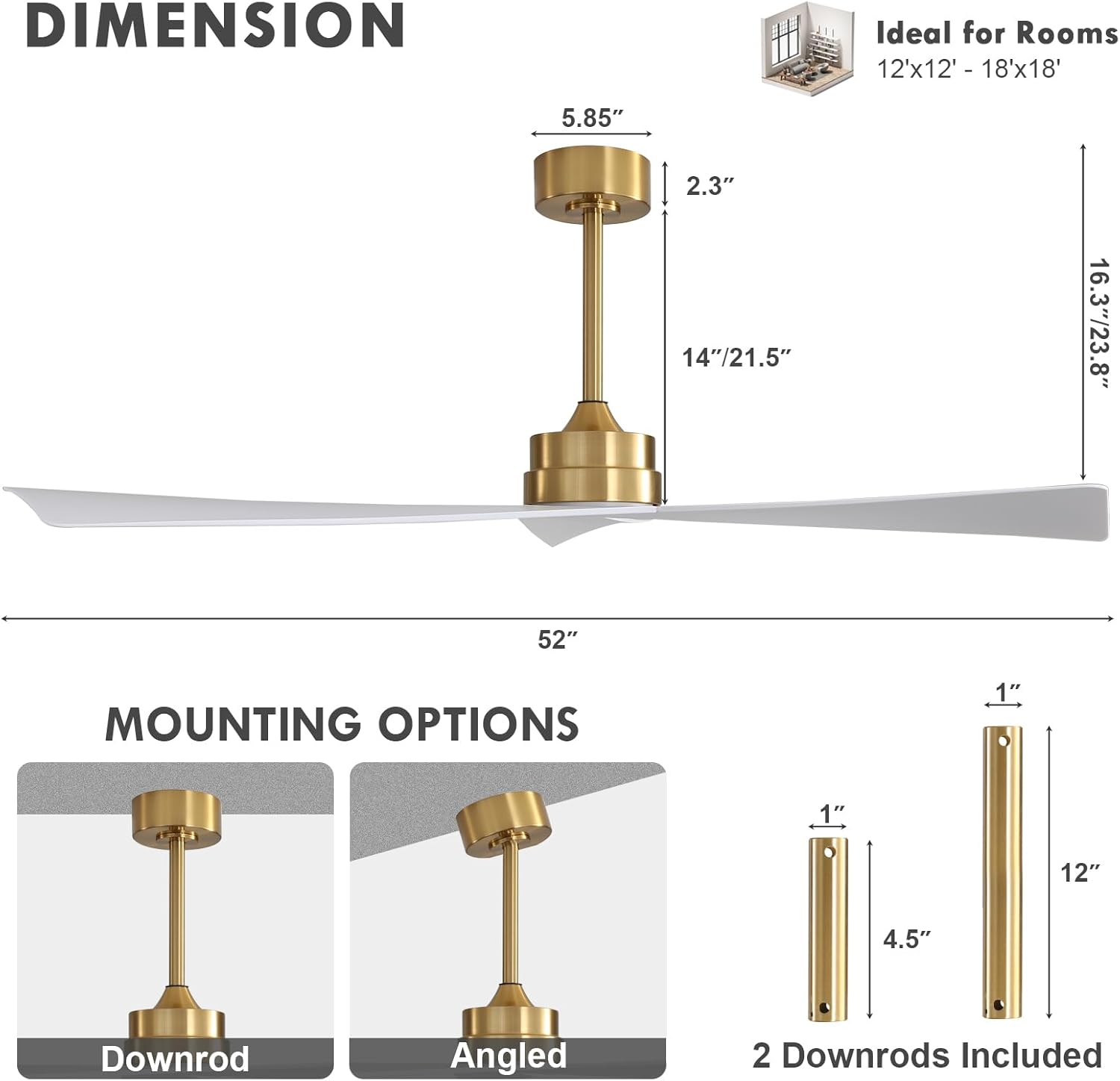 WINGBO 52" DC Ceiling Fan without Lights, Brass and White Ceiling Fan with Remote, 3 ABS Plastic Blades, 6 Speed Reversible DC Motor, Ceiling Fans No Light for Kitchen Bedroom Living Room